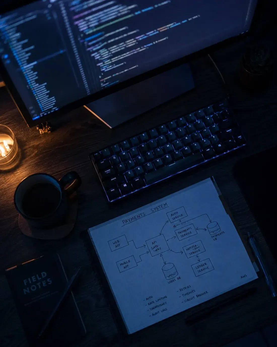 An overhead view of a desk with a systems diagram sketched out