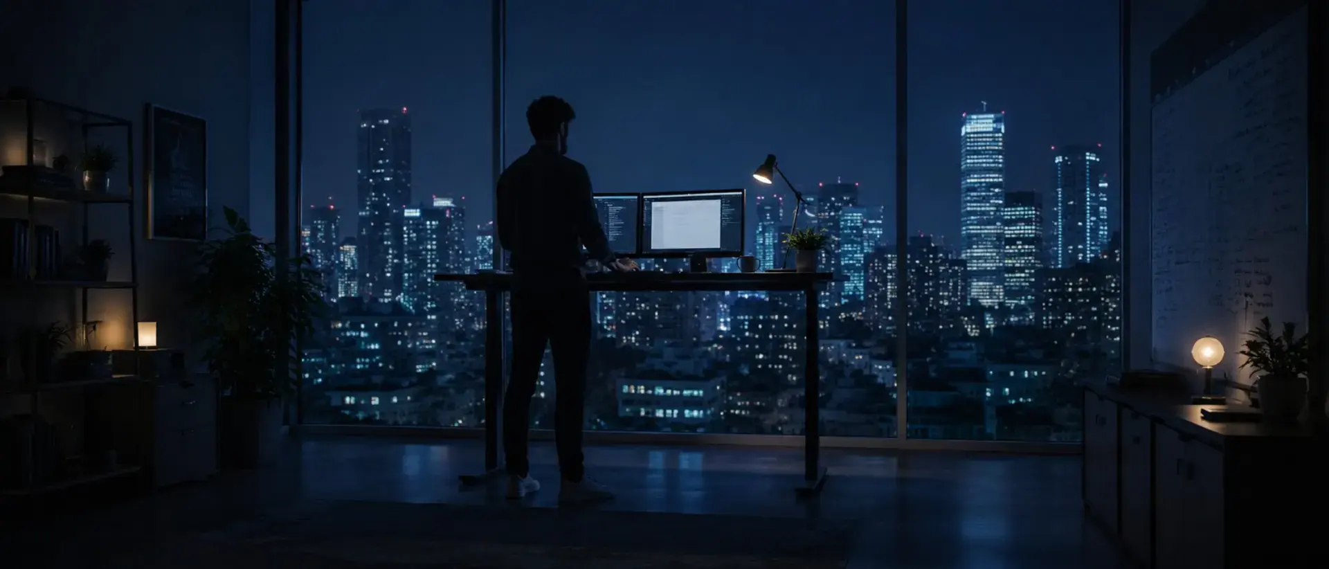 A standing desk facing the city skyline at night