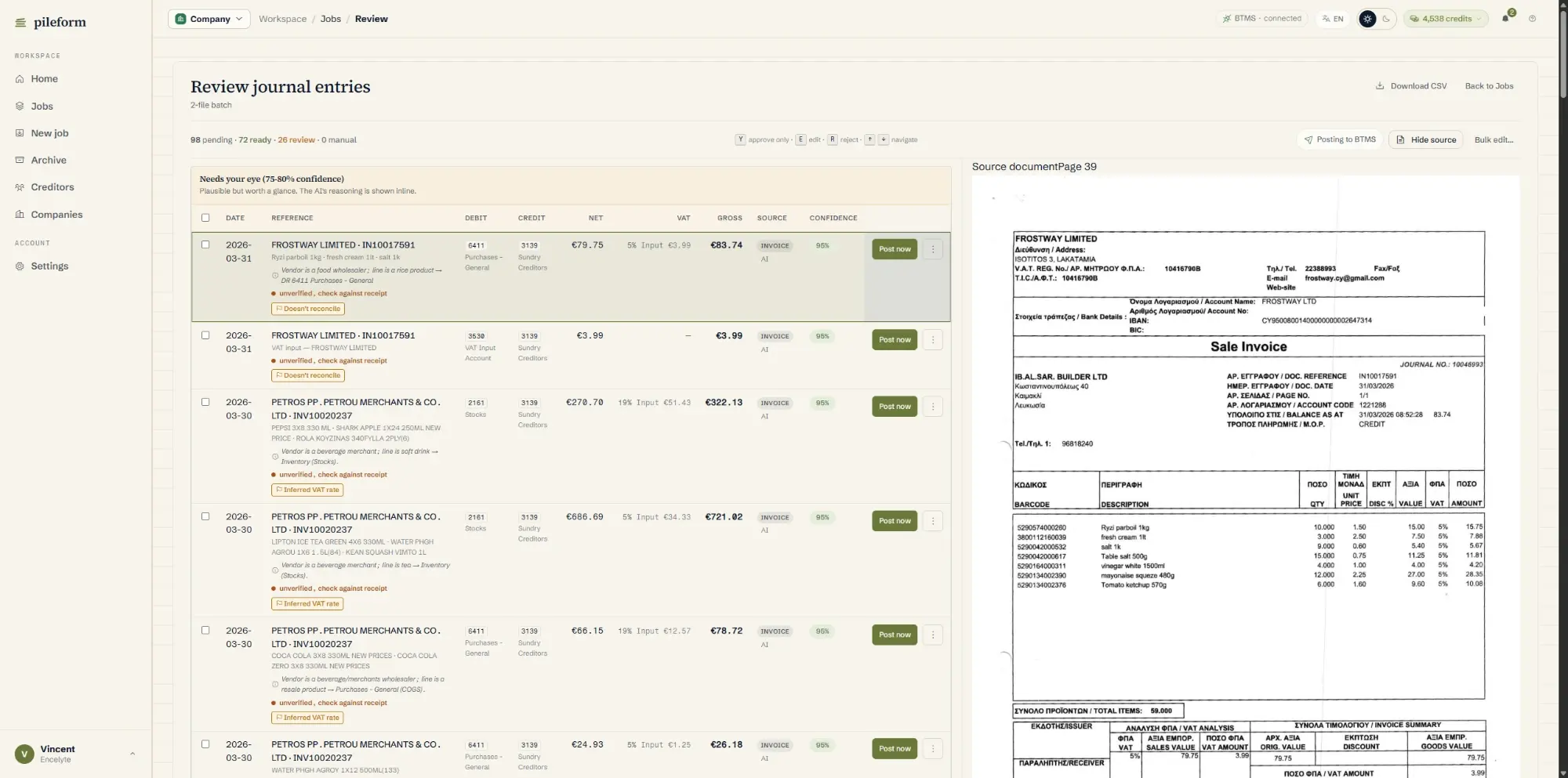 The same entry with its source invoice open alongside it, so every figure is one click from the document it came from.